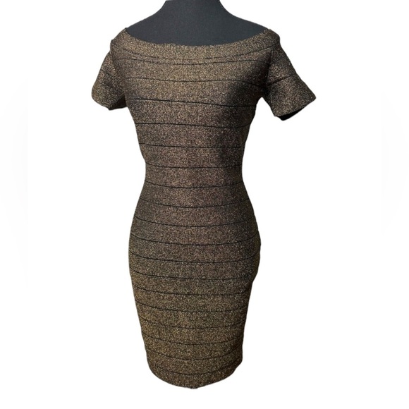 GUESS Bodycon Bandage Metallic Gold off the shoulder dress in US 10 M Black tie - Picture 8 of 11